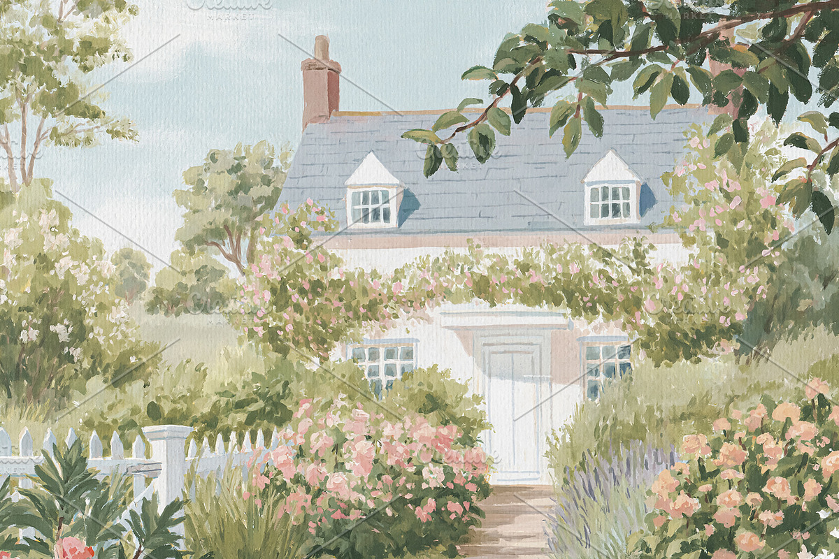 White cat walking on a garden path in front of a blooming cottag, an Illustration by Studio ANNA