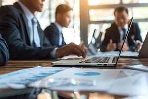 Diverse businesspeople sitting at office desk discussing busines, a Business Photo by AlyaAnd