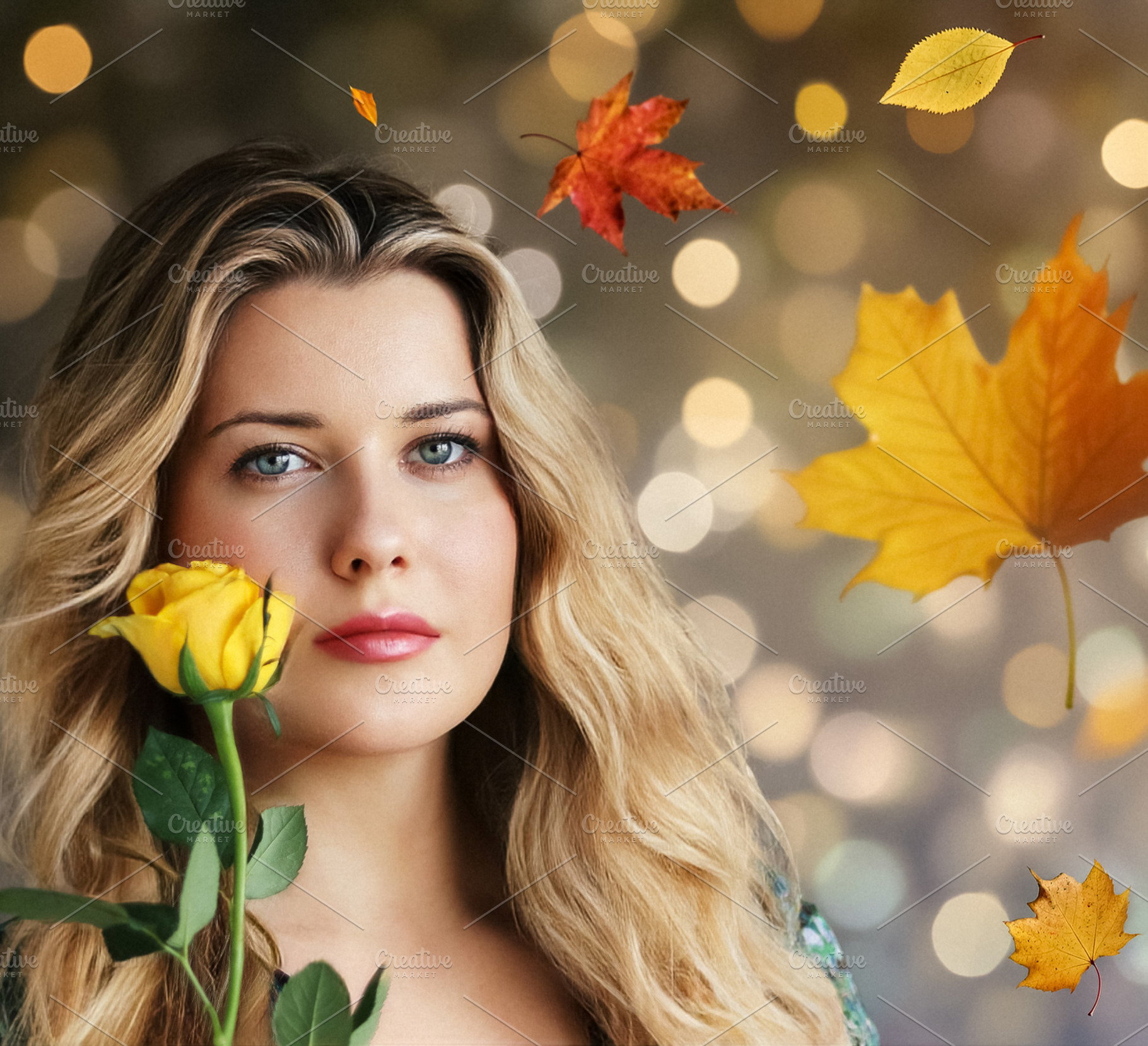 Beautiful young woman holding a yellow rose, posing with autumn, a Person Photo by Studio ANNA