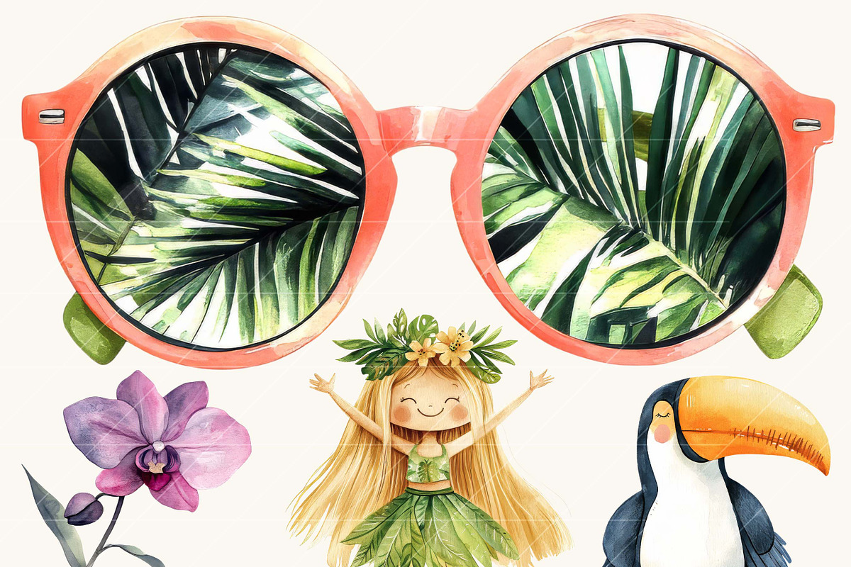 Watercolor Cute Hawaiian Clipart, an Object Illustration by SparkyDesignsUS (Photo 5 of 9)