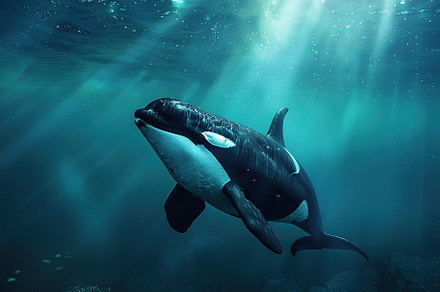 Killer whale swims in underwater world, an Animal Photo by AlyaAnd