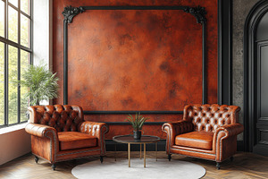 Cozy living room with leather chairs, a Photo by Tanuart