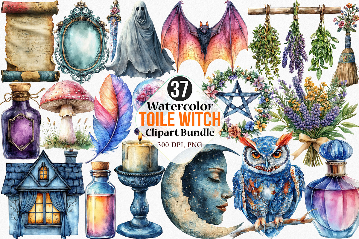 Watercolor Toile Witch Clipart, an Illustration by Canvas Craft (Photo 1 of 8)