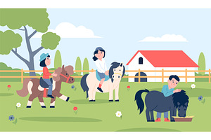 Kids riding horses on farm. Children, an Animal Illustration by LadadikArt