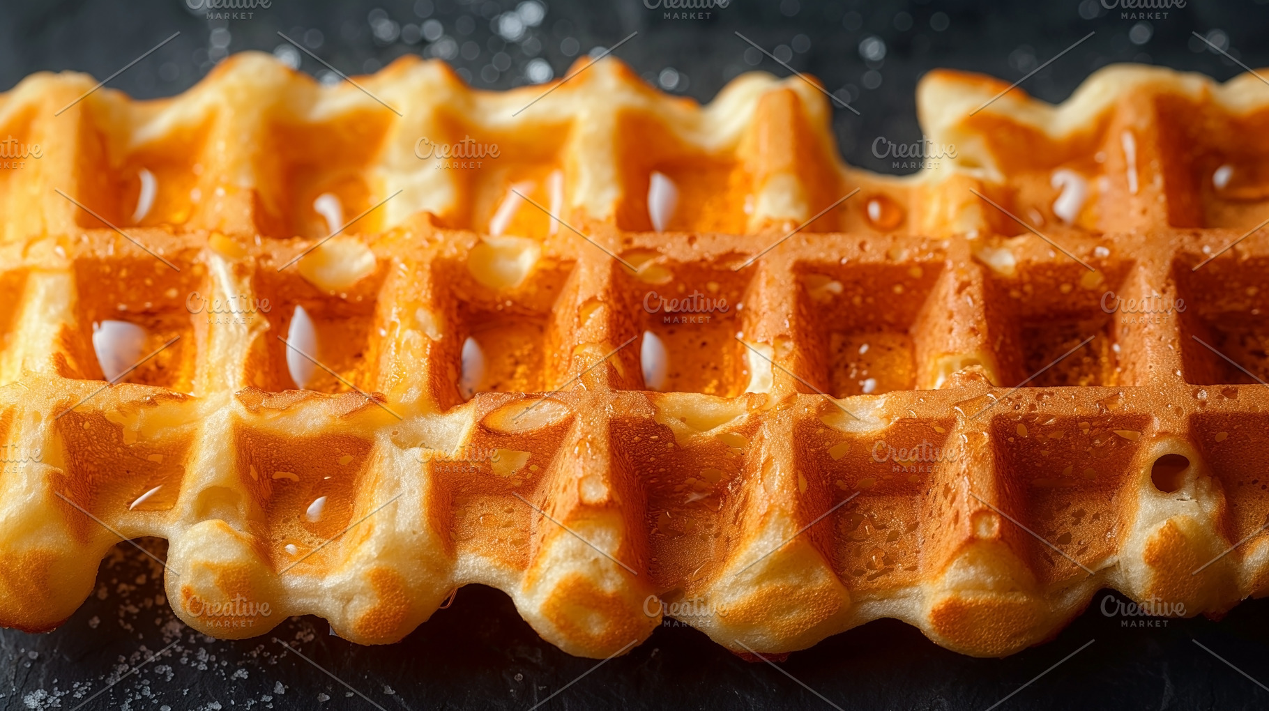 Golden, delicious waffle drizzled with syrup, perfect for breakf, a Food & Drink Photo by ImageMir