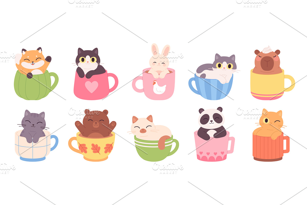 Animals in coffee cups. Cats, bunny, an Animal Illustration by LadadikArt