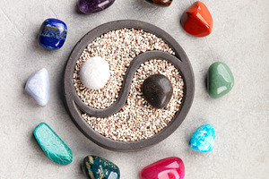 Yin Yang Zen Garden Surrounded by Colorful Healing Crystals, a Nature Photo by Natalia Klenova's Shop