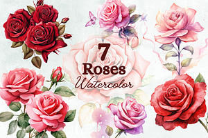 Elegant Roses Watercolor Clipart Set
