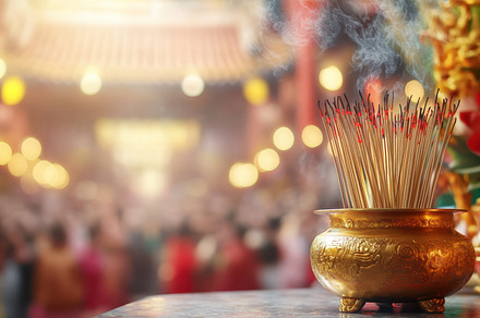 Burning incense sticks in a soft turquoise holder with wisps of smoke, set agai, a Holiday Photo by Mashimara