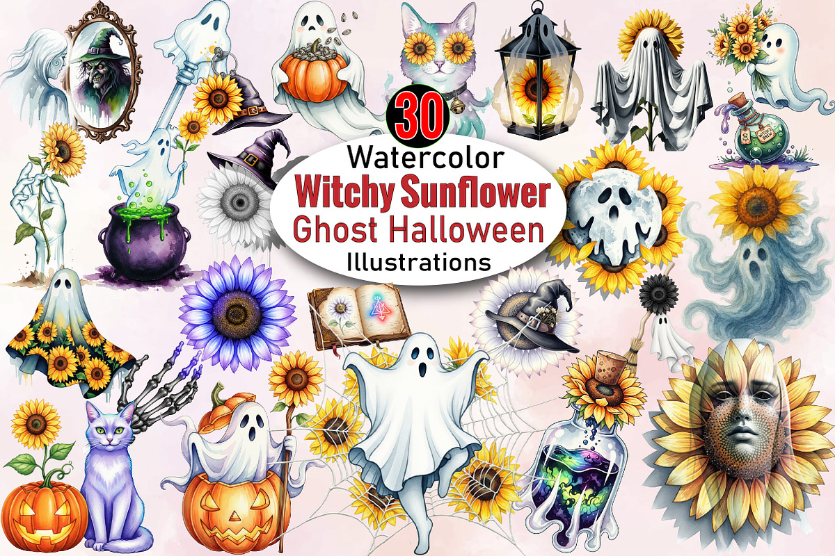 Witchy Sunflower Ghost Halloween Cli, an Illustration by SVGArt (Photo 1 of 8)
