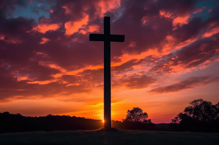 The cross with the sun behind, landscape. Generative AI, a Wallpaper Photo by designvectx