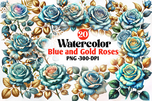Baby Blue and Gold Glam Roses, an Illustration by Designworld