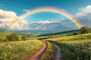 Rainbow over a scenic countryside dirt road through green meadow, a Food & Drink Photo by José Manuel Gelpi