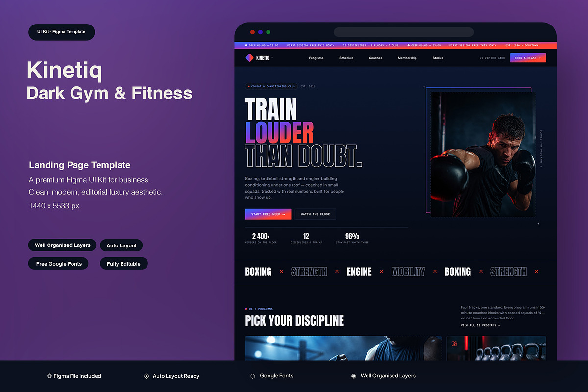 Dark Gym & Fitness Landing Page, an UI Kit Template by Pitchlook.Studio (Photo 1 of 3)