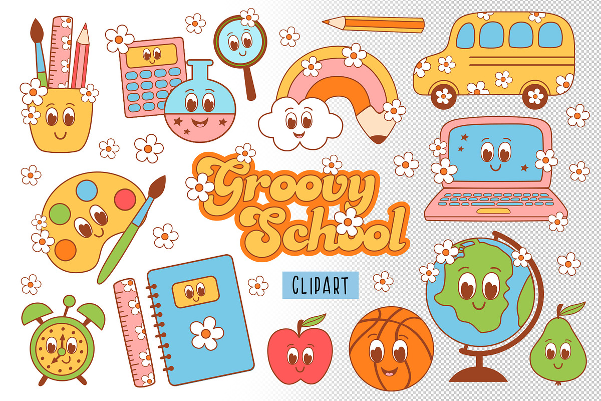 Groovy School Vector Clipart Pack, an Education Illustration by NataKa (Photo 1 of 4)