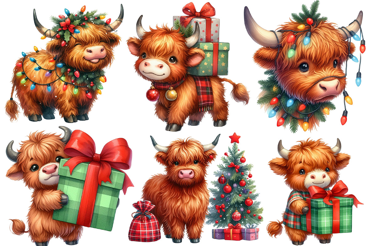 Christmas Highland cow clipart, an Illustration by Designworld (Photo 2 of 6)