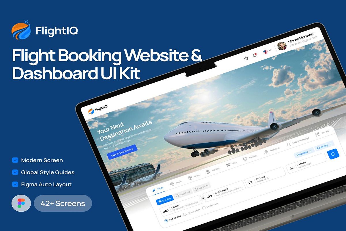 FlightIQ Flight Booking Dashboard UI, an UI Kit Template by Creative Perspective (Photo 1 of 6)