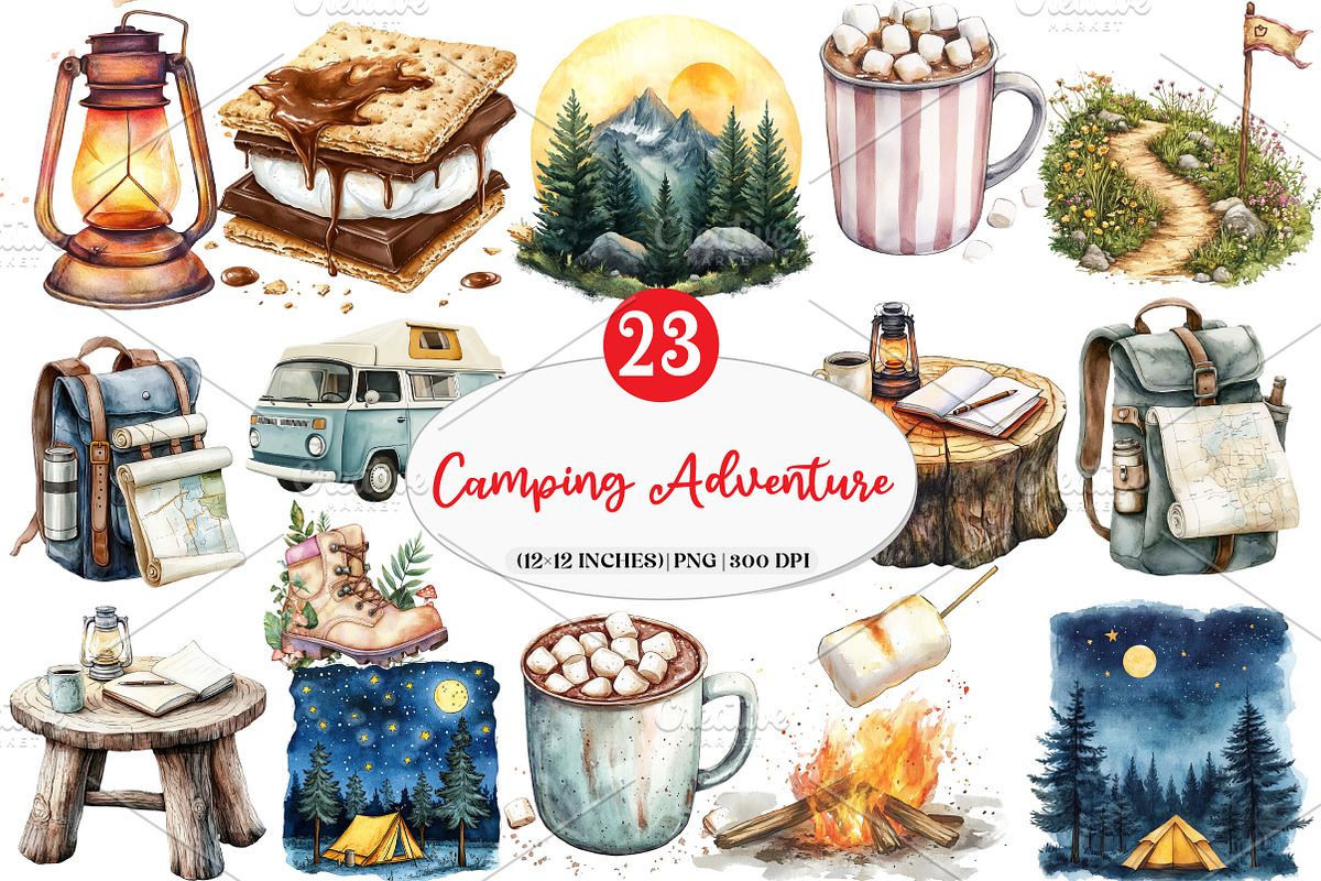 Camping Adventure Clipart, an Illustration by Watercolor design (Photo 1 of 4)