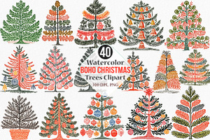 Boho Christmas Trees Clipart, an Illustration by Canvas Craft