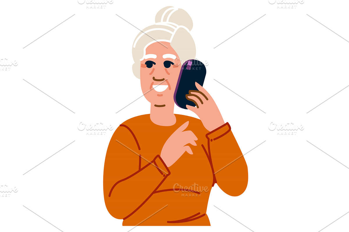 Happy elderly woman using smartphone, a Person Illustration by pikepicture