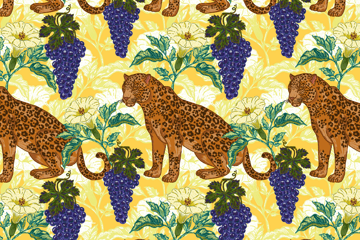 Jaguar, Datura & Grapes Pattern, a Pattern Graphic by NayaChu (Photo 10 of 12)