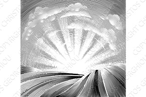 Fields Rolling Hills and Sun Woodcut, an Illustration by Christos Georghiou