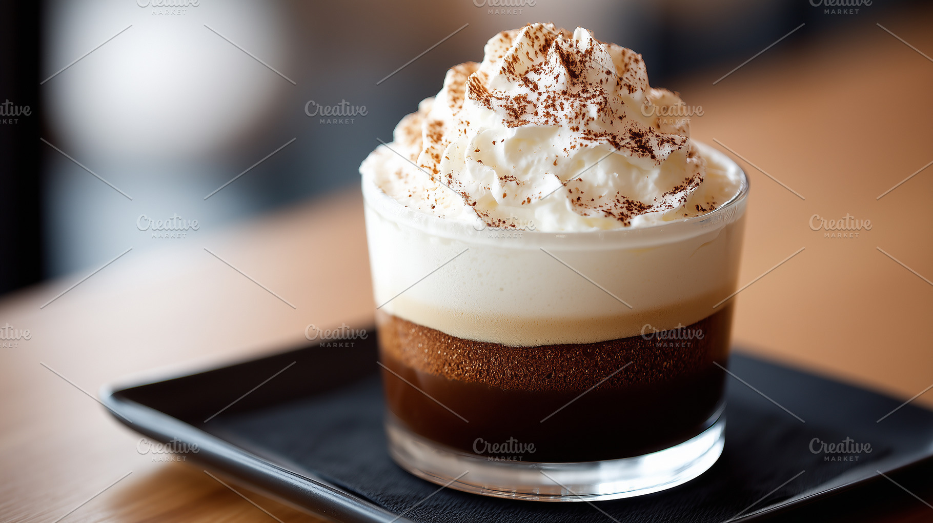 Delicious layered coffee in a glass, a Food & Drink Photo by MistyDay