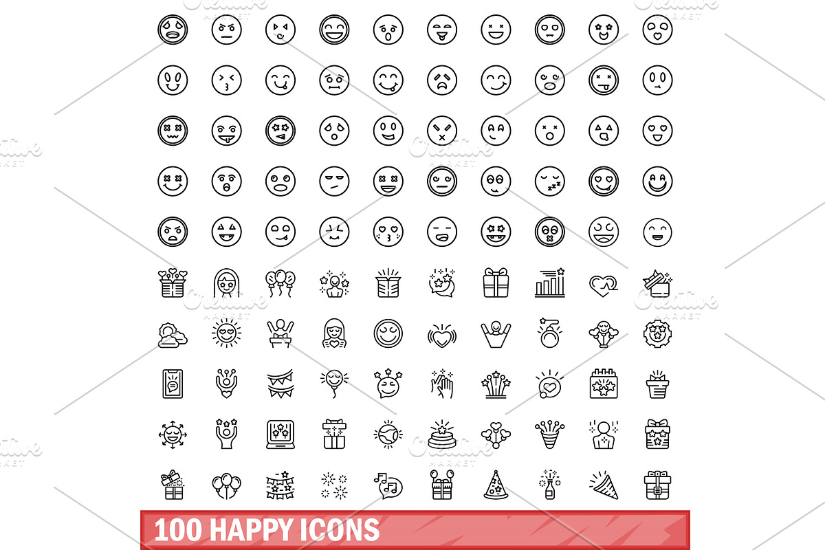 100 happy icons set, outline style, a Person Illustration by Ylivdesign