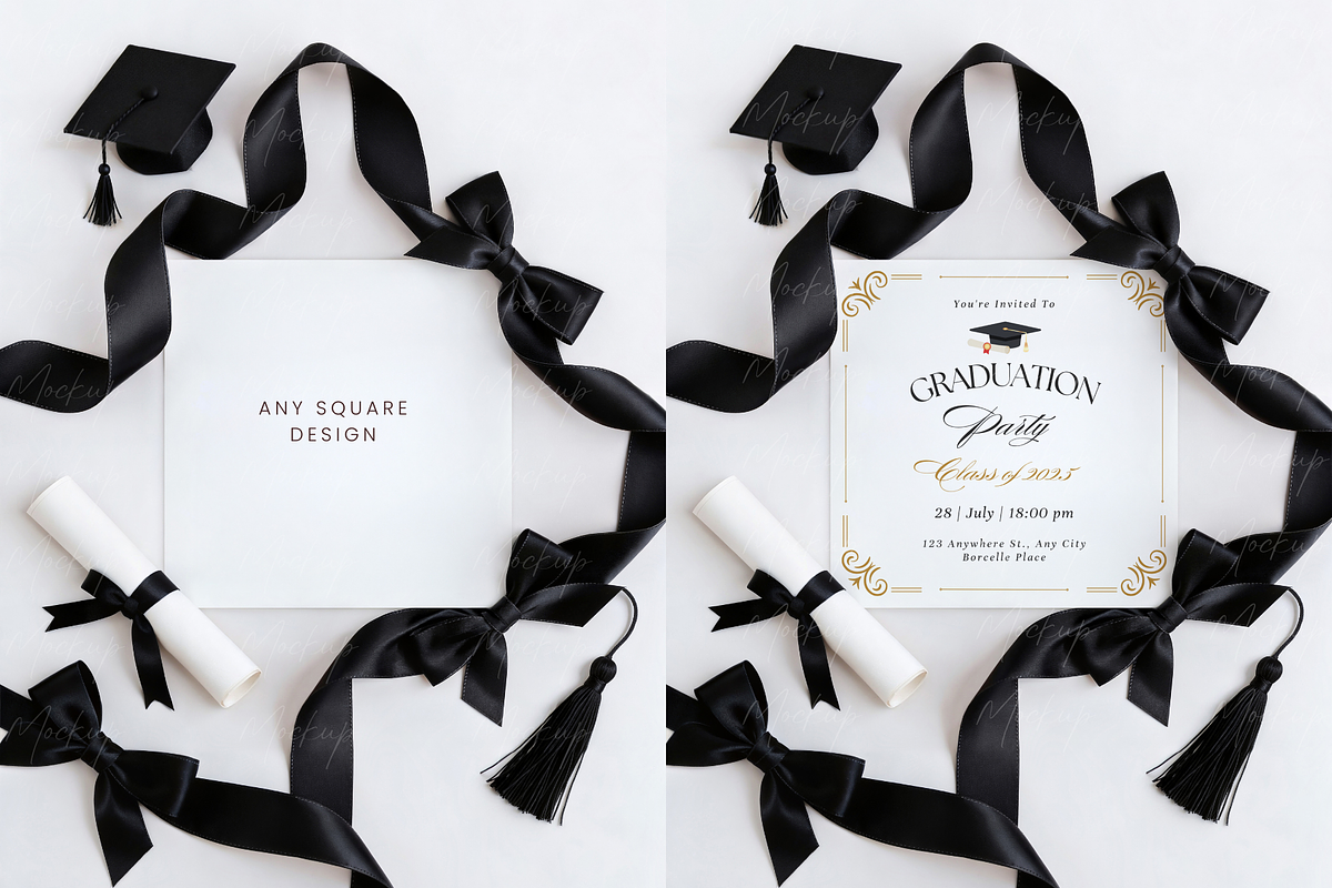 Graduation Square Ribbon Card Mockup, a Product Mockup by TatiMockup