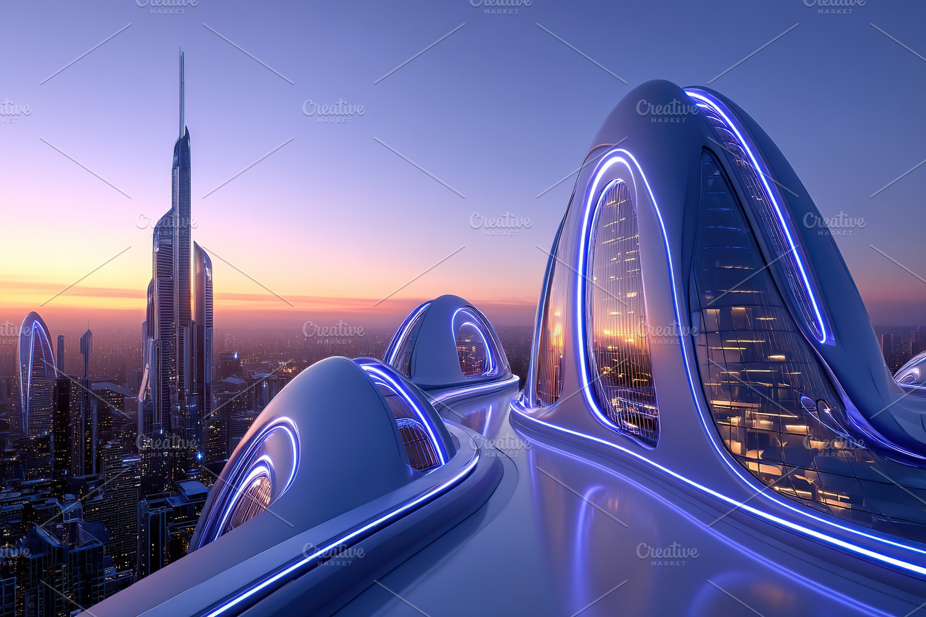 Beautiful futuristic city skyline with glowing architecture at sunset, an Architecture Photo by AlyaAnd