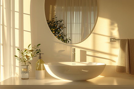 New bathroom with modern sink and mirror, a Beauty & Fashion Photo by AlyaAnd