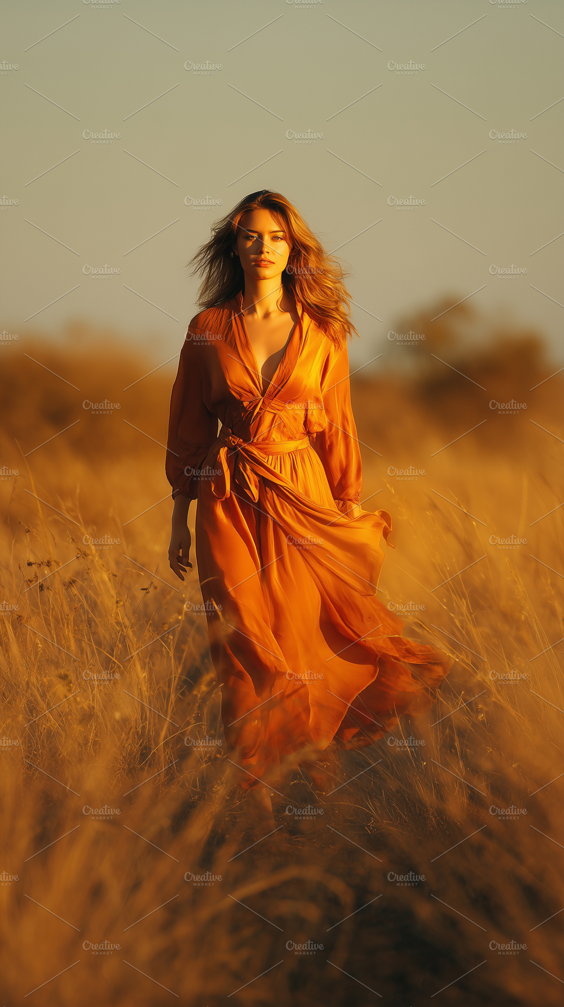 Fashion model in a flowing orange, a Person Photo by MistyDay