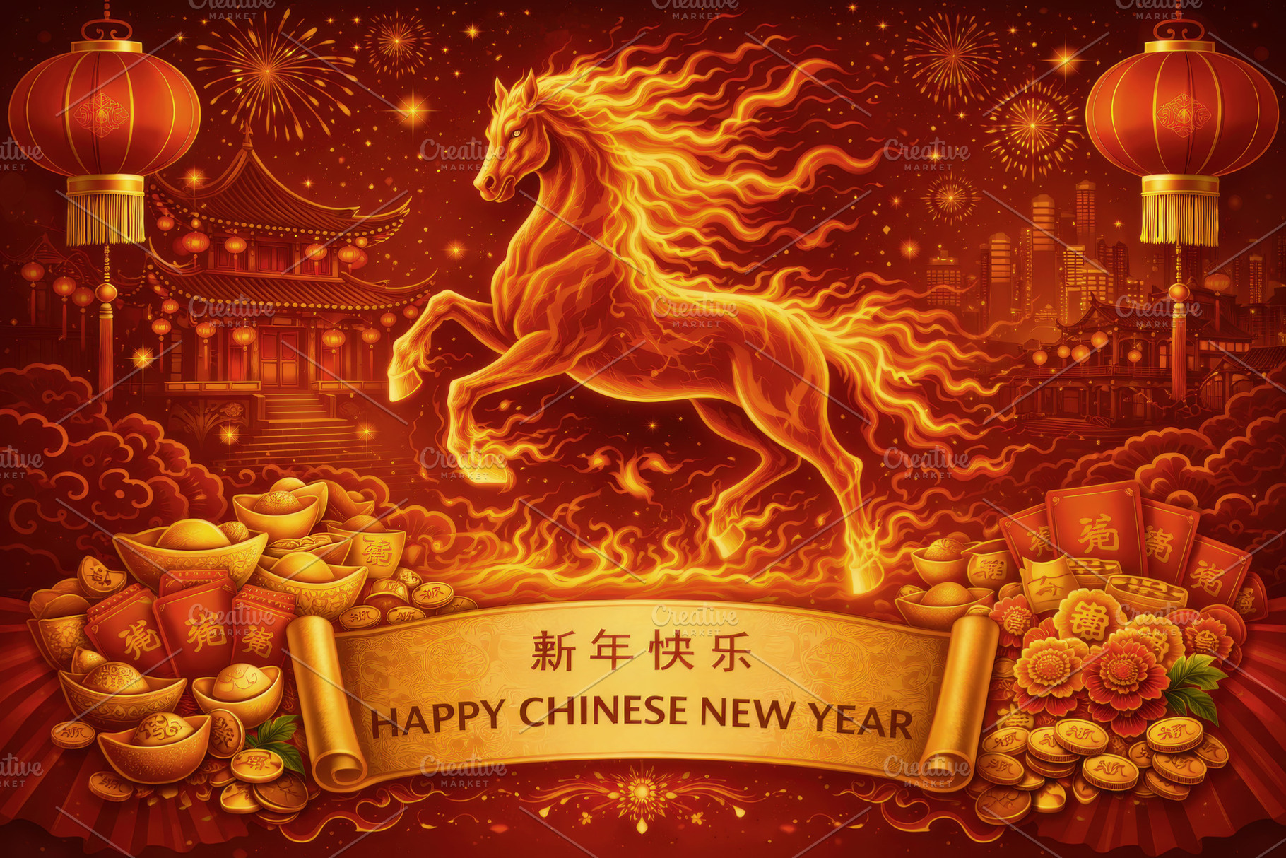Fire Horse with Gold Ingots and Illu, a Background Photo by Perpis