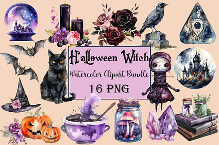 Halloween Witch Watercolor Clipart, a Seasonal Illustration by Pet Cave