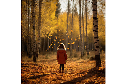 Autumn Girl Observing Falling Leaves