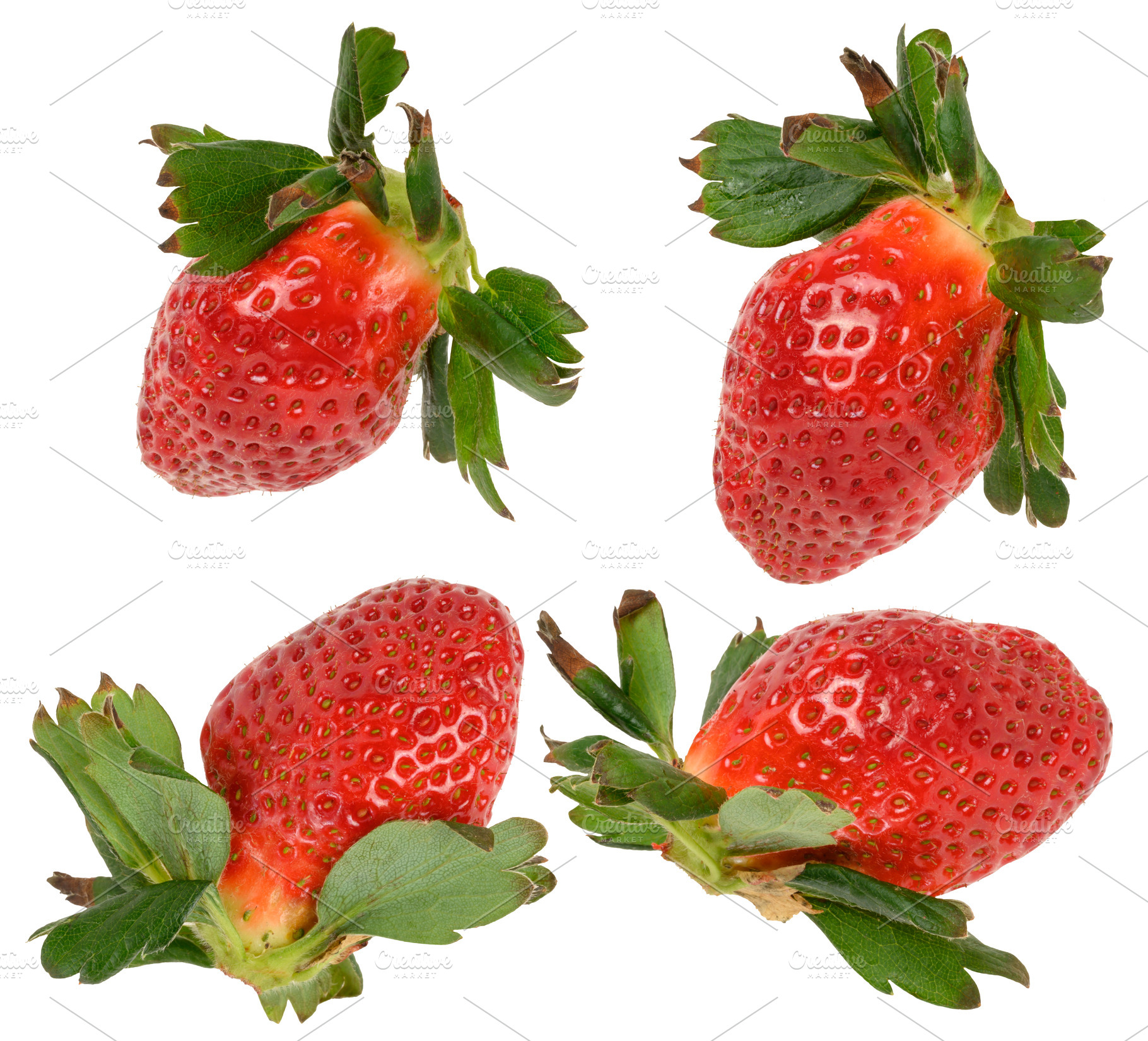 Large ripe strawberry berry with green sepals and leaves on an i, a Food & Drink Photo by ndanko