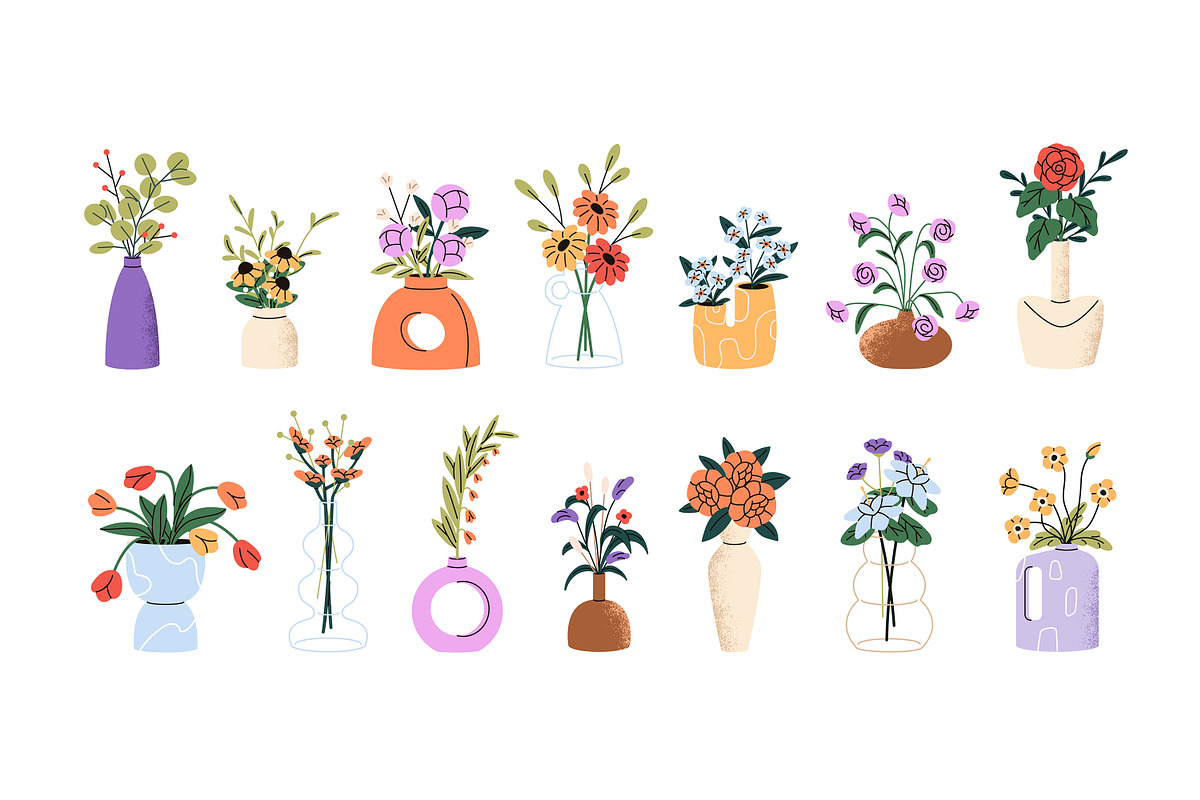 Flowers in vases set + backgrounds, a Decorative Illustration by PaperTrident (Photo 1 of 8)