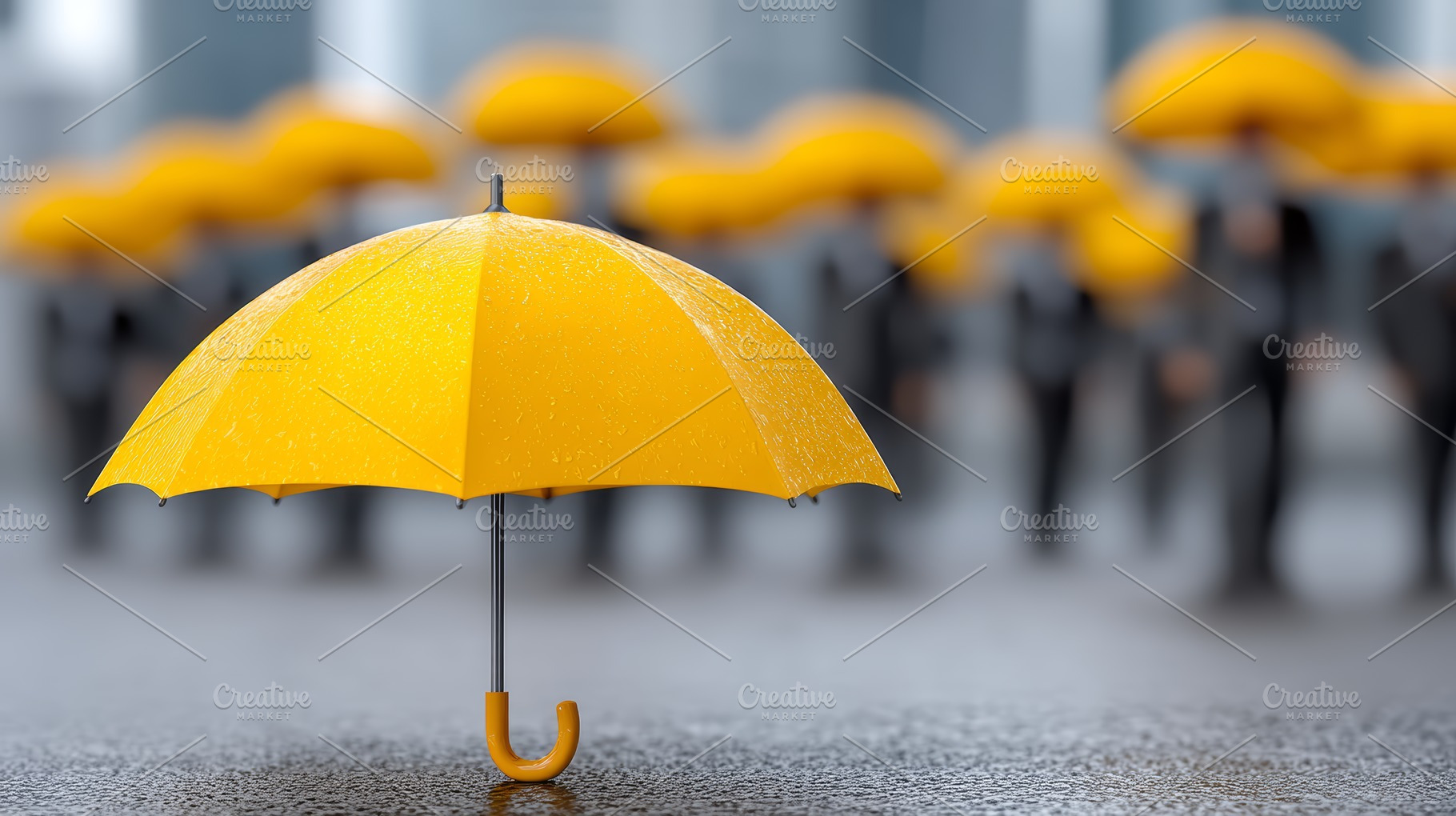 Yellow umbrella in focus with blurred crowd holding umbrellas in the background, a Photo by AS photostudio