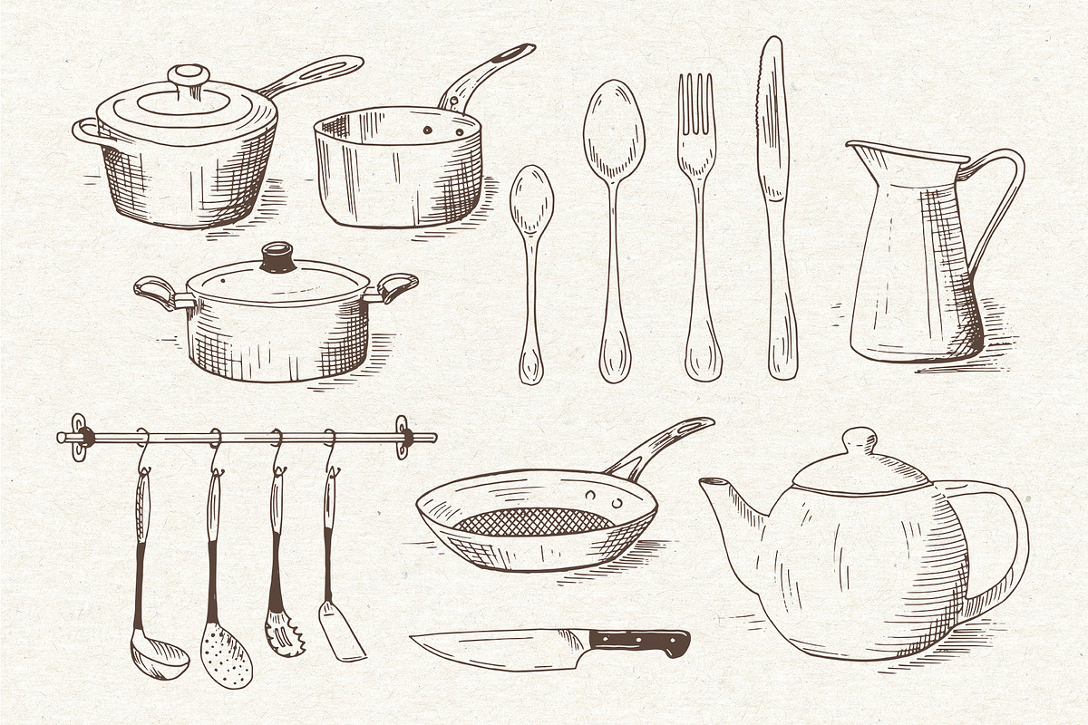 Kitchenware. Vector sketches., an Object Graphic by Canatic (Photo 2 of 10)