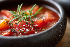 Close up of spicy tomato soup with, a Food & Drink Photo by MistyDay