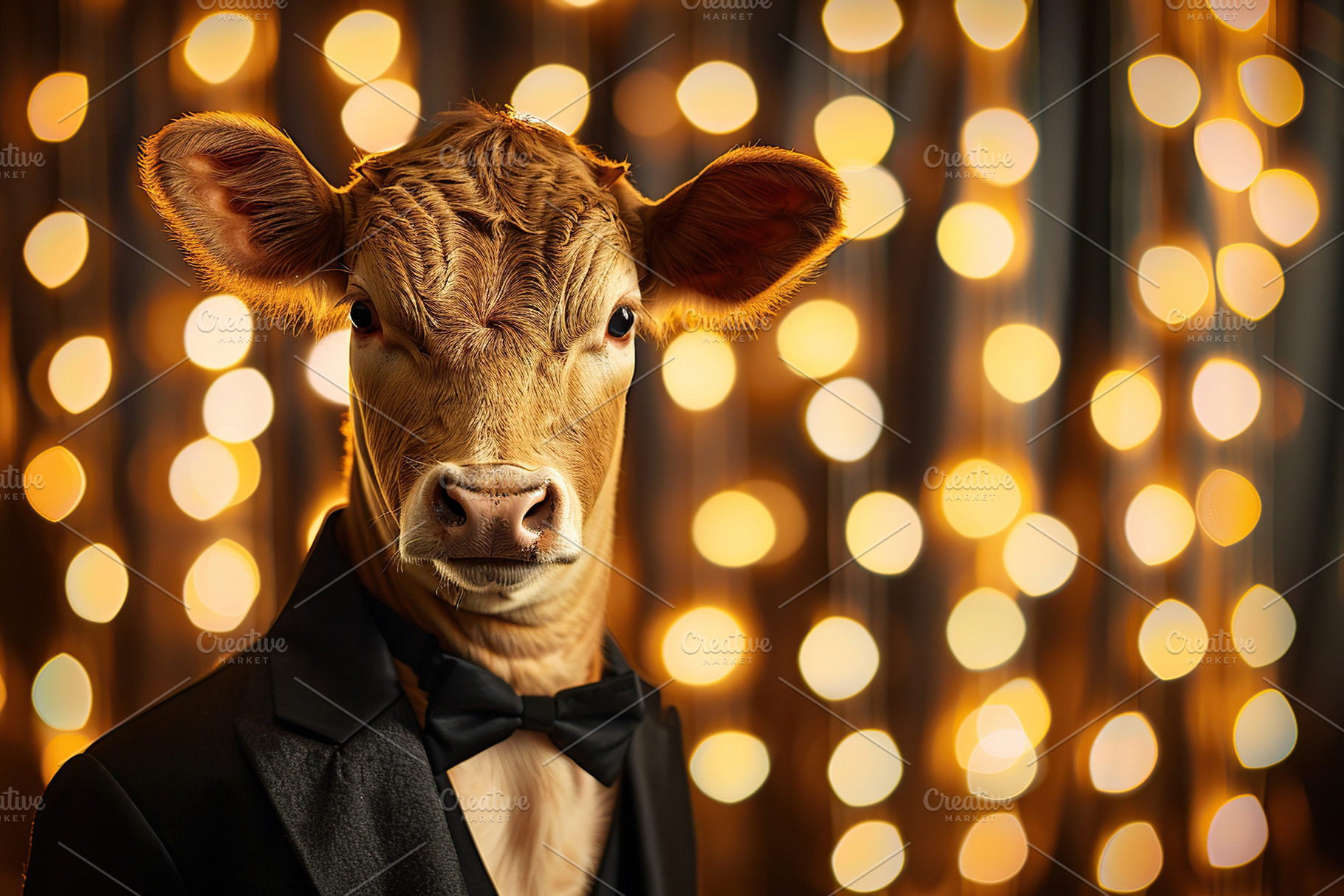 Cute cow in black suit on blurred lights background, a Photo by AlyaAnd