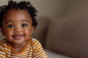 Happy baby with curly hair in orange striped shirt smiling while, a Person Photo by José Manuel Gelpi