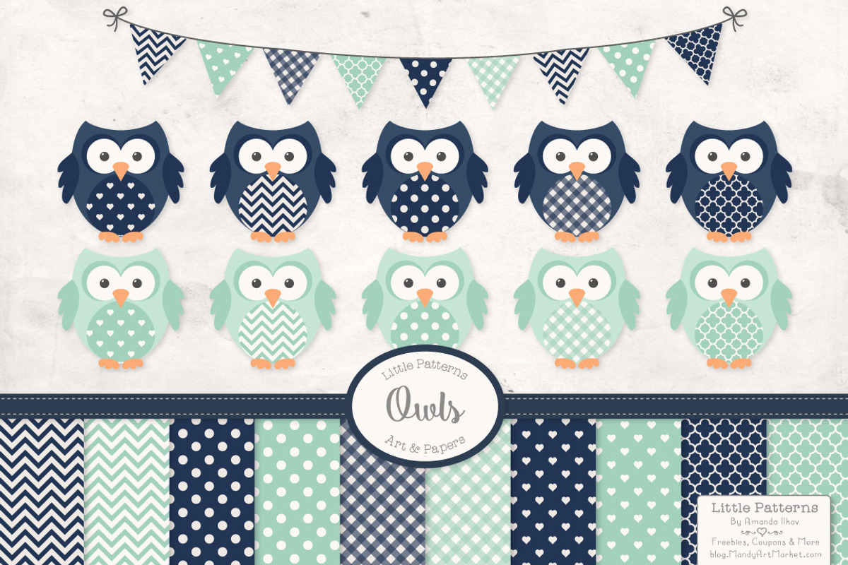 Navy & Mint Owl Clipart, an Animal Illustration by Amanda Ilkov (Photo 1 of 3)