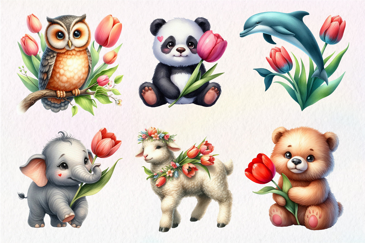 Cute Animals Tulip Flower Clipart, an Illustration by Dream Creation (Photo 2 of 7)