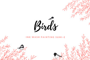 Japanese ink painting sumi-e. Birds.