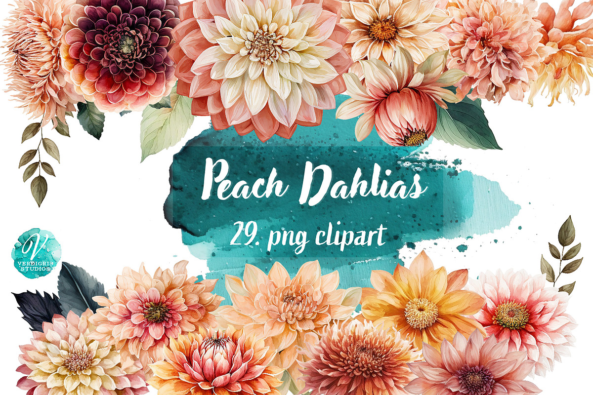 Watercolor Peach Dahlias Clipart, an Object Illustration by Verdigris Studios (Photo 1 of 4)