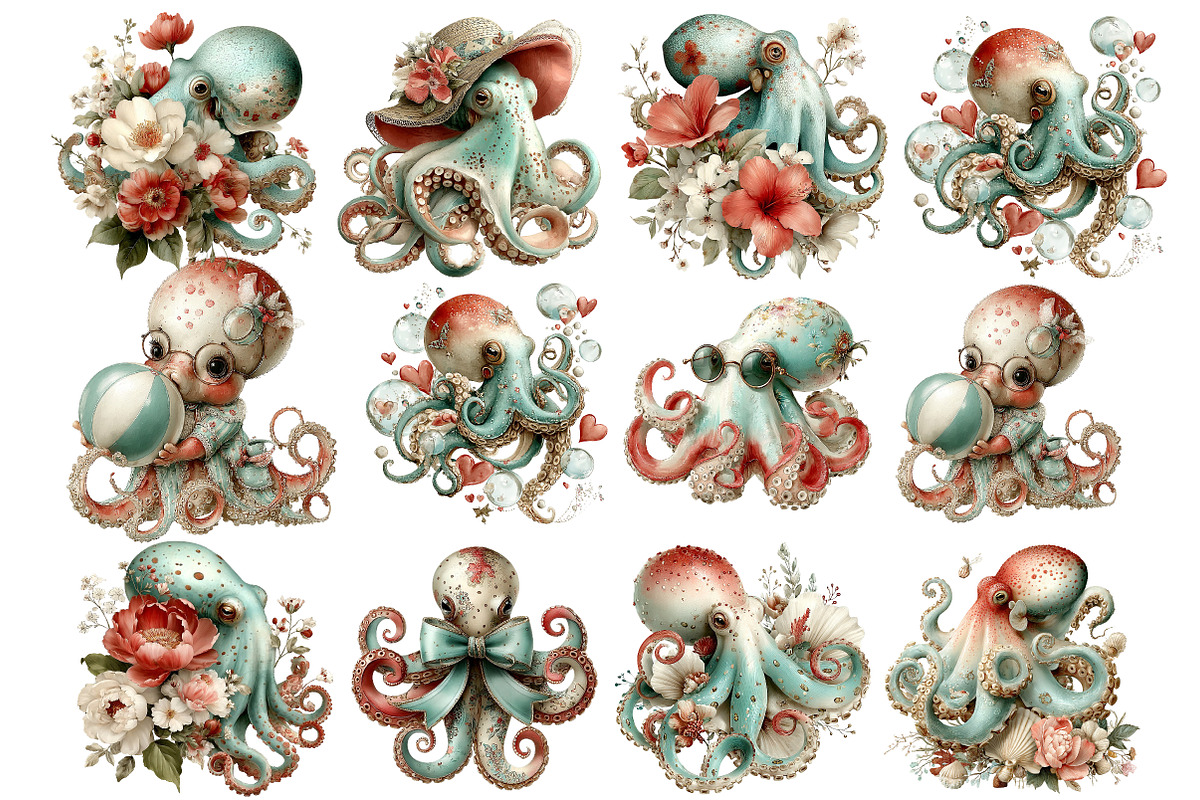 Whimsical Summer Octopus Clipart, an Illustration by DreamArtGraphic (Photo 2 of 5)