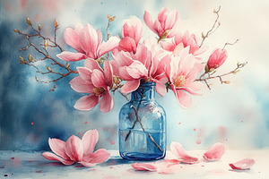 Pink Magnolia blossoms in blue glass, a Photo by Pixeness Studio