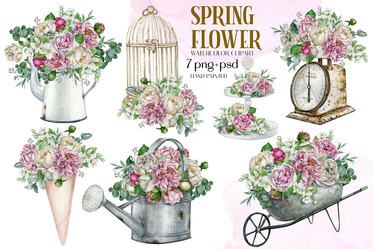Rustic white peony bouquet clipart, an Object Illustration by yana.fefelova (Photo 1 of 5)