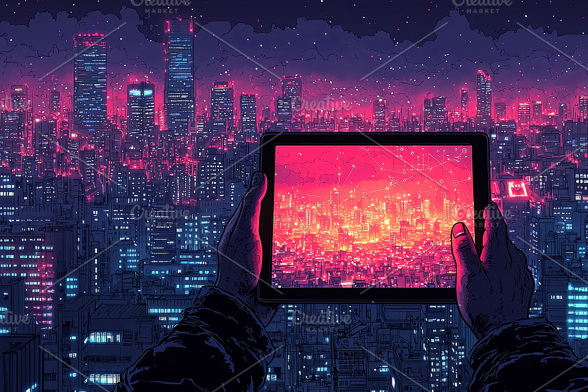 Hands holding a digital tablet amidst a futuristic vibrant urban skyline, an Illustration by AS photostudio